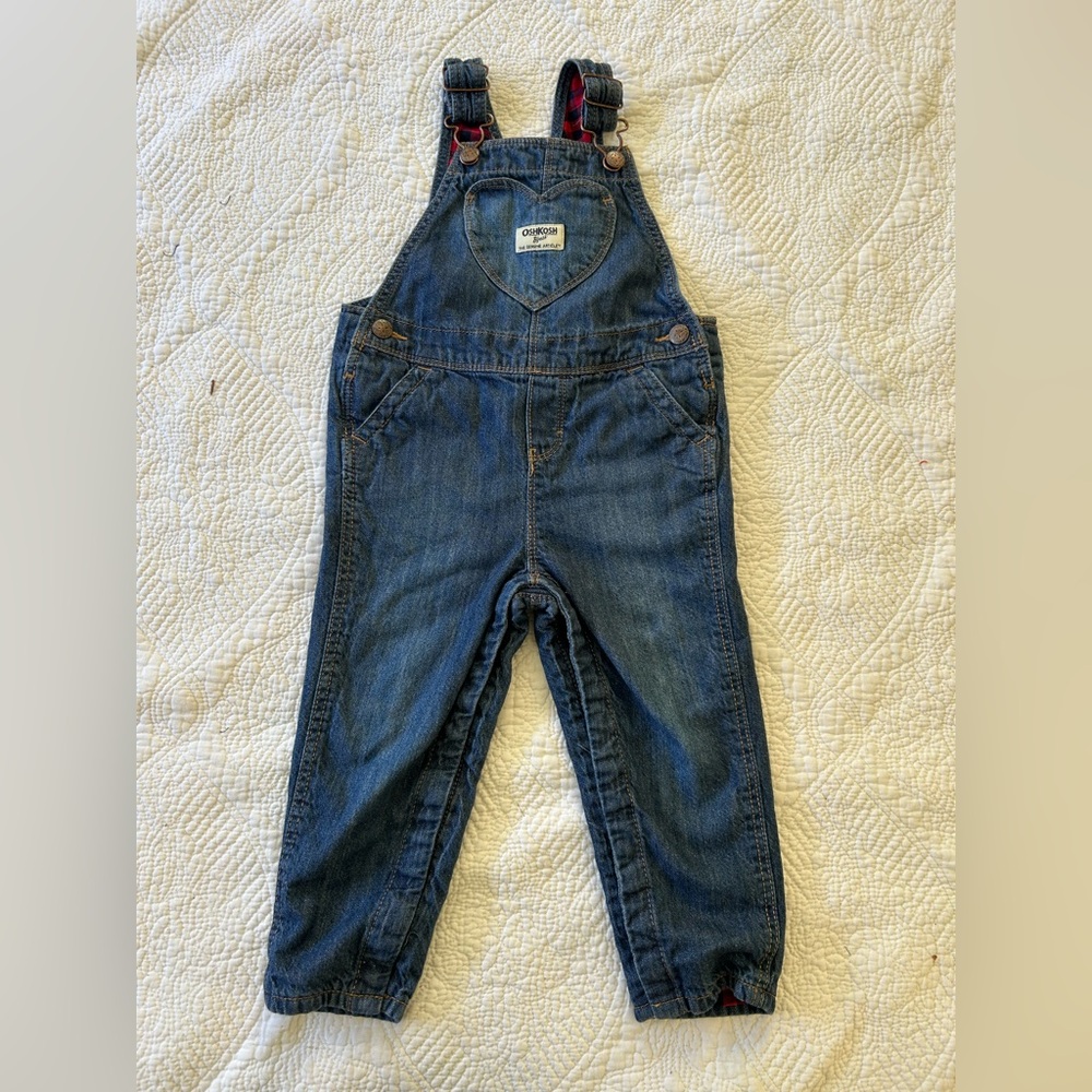 Osh Kosh B’Gosh Girl’s denim overalls with flannel blk/red check lining. 24 mos